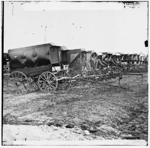 Ambulance drivers and their wagons at Harewood Hospital in Washington, D.C. July, 1863. 